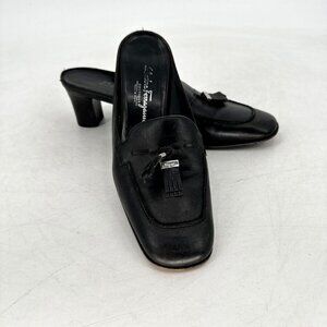Salvatore Ferragamo Womens Black Leather Loafer Tassel Mule Size 7